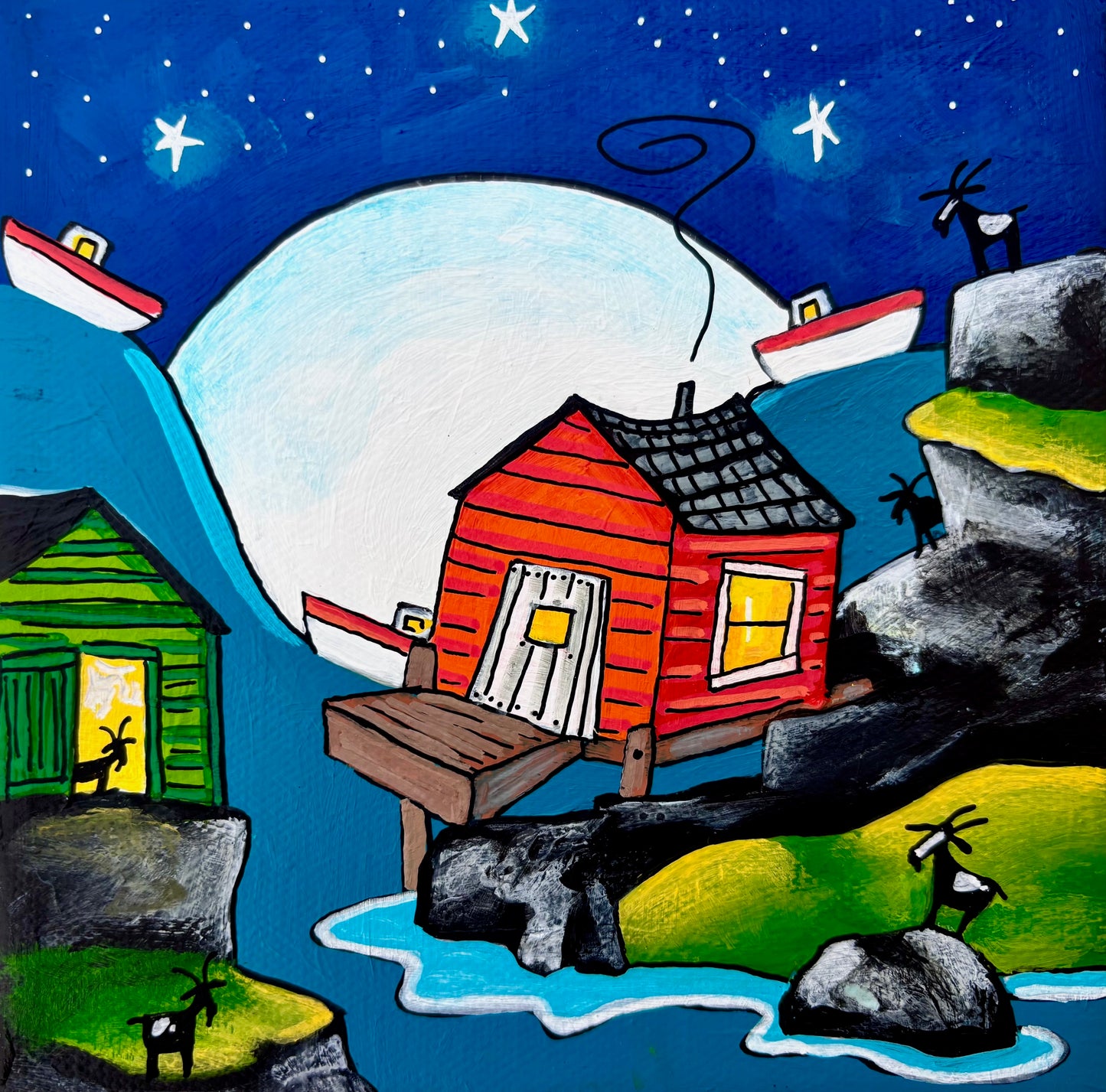 While the north stars swooned to the songs of the moon, Poppy's little goats hummed a lovely, old tune. Nan had the kettle on, the fire was burning bright - soon Poppy would be home after fishing all night.