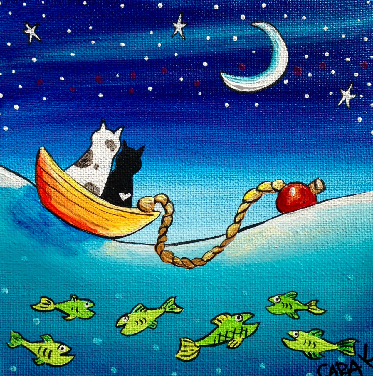 (SOLD)"I Could Float Here with You Forever" said the Calico Cat. "Yes Please", said the Little Black Cat with the Heart on Her Back