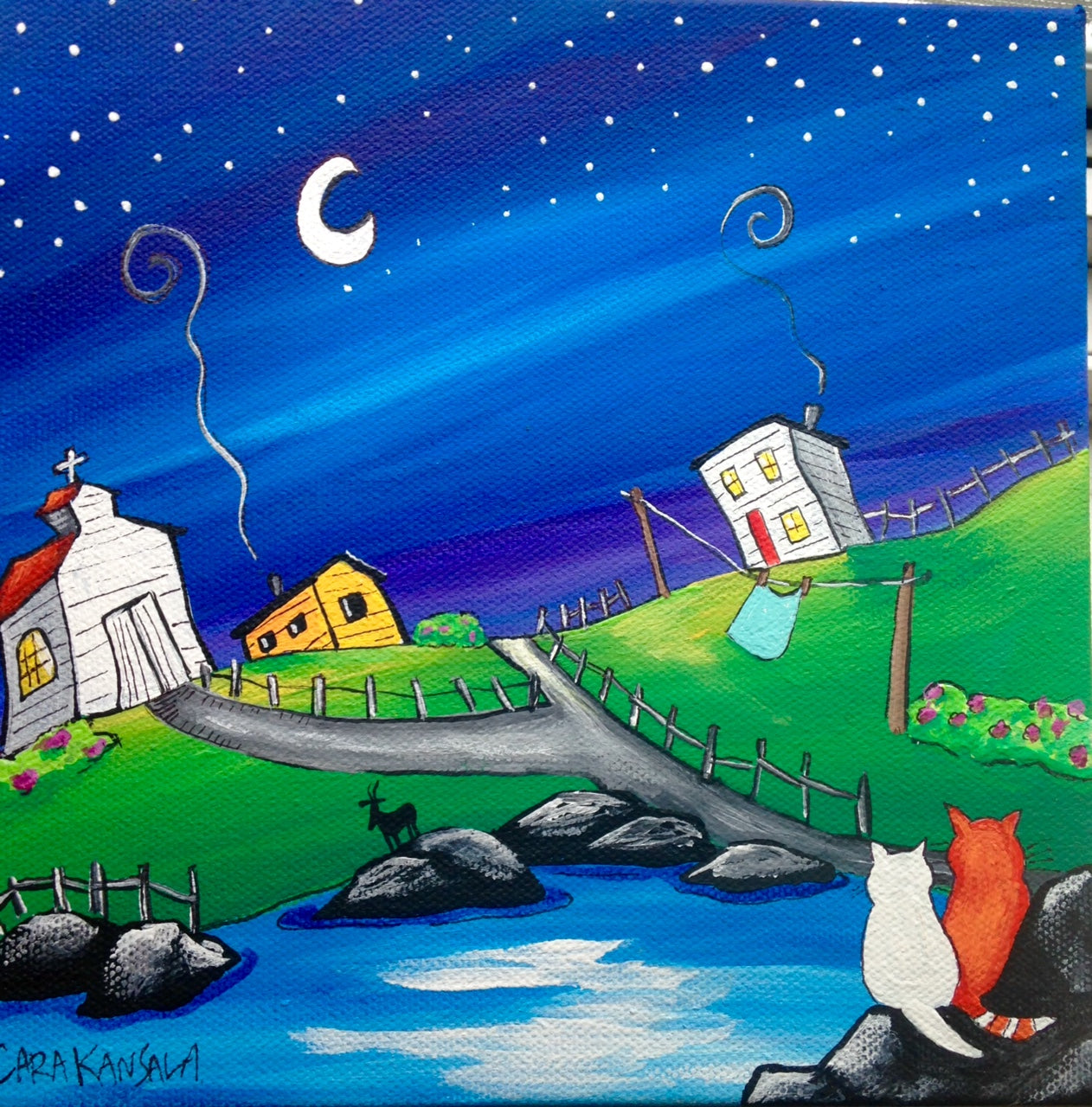 (SOLD) Under September's Silver Moon, The Marmalade Cat and Her One True Love Watched As Pepper, (Minister Doyle's New Goat) Ate All of the Wild Roses Growing in the Church Yard