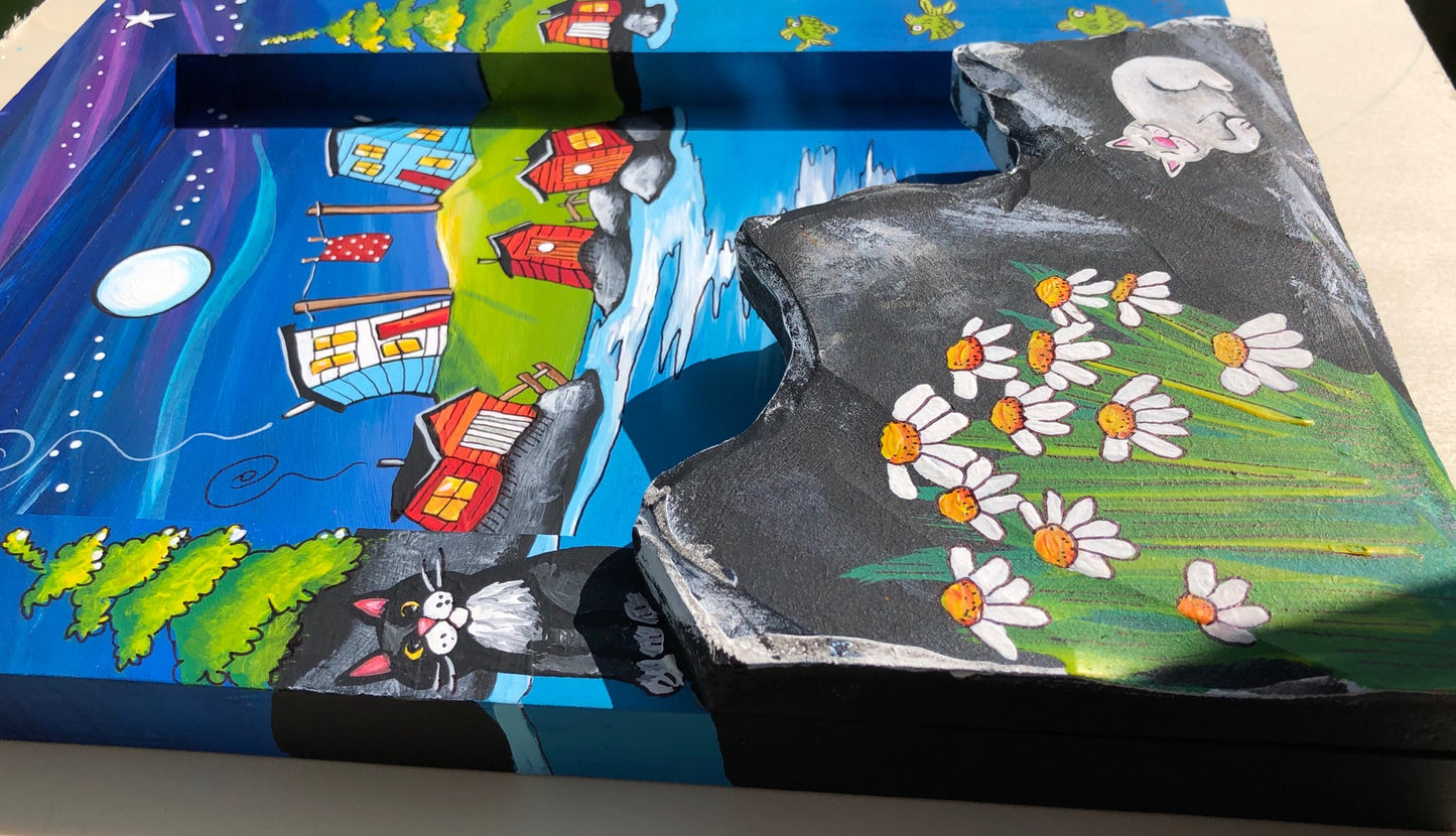 (SOLD) On a Quiet Night, While the Fish Swan By, The Cat on the Hill Sang Lullaby's, The Chimney Puffed Smoke While the Stars Twinkled High and the Red Quilt Stayed Out = Nan Hoped It Would Dry