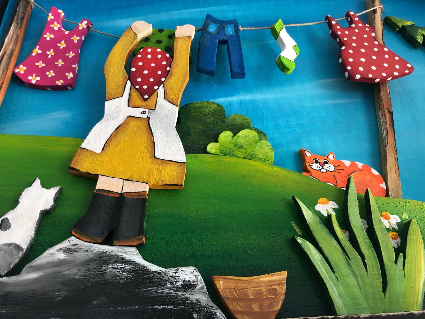 (SOLD) Nan Hasn't Noticed that the Other Green Sock Blew off the Line and is Being used as a Pillow by the Marmalade Cat from Next Door