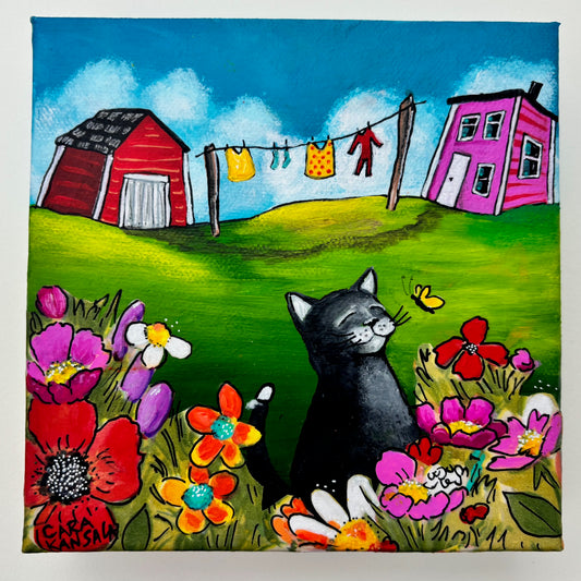 (SOLD)The Wee Black Cat is Playing Tag with the Butterflies in Nan's Garden While the Blankets for Afternoon Naps Dry on the Line