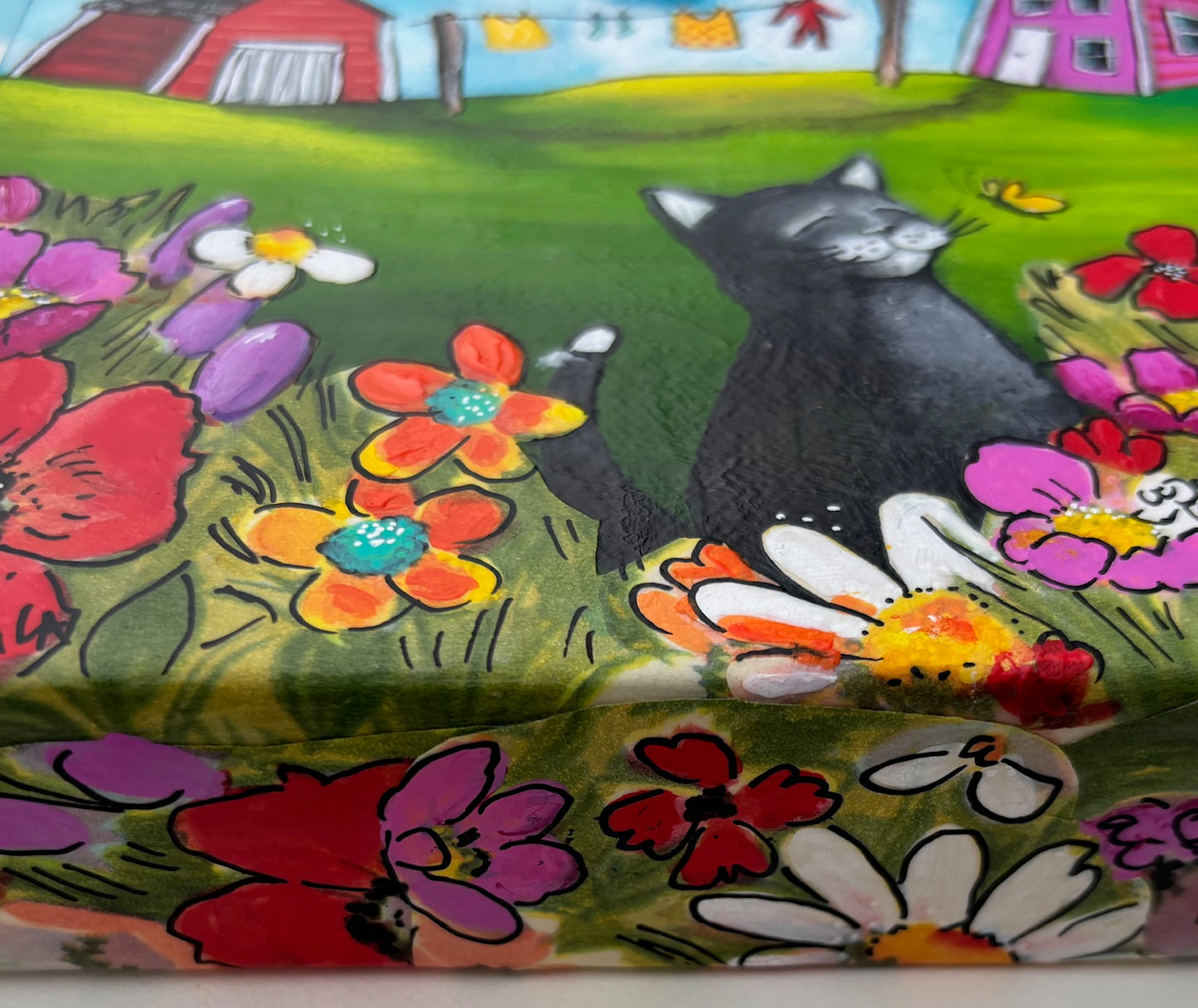 (SOLD)The Wee Black Cat is Playing Tag with the Butterflies in Nan's Garden While the Blankets for Afternoon Naps Dry on the Line