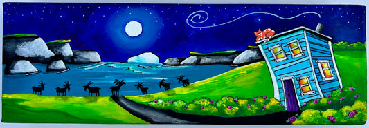 If you listen so softly in June you might hear, the goats singing songs when the icebergs appear.They waltz and they jig while they sing their sweet tunes, and then dream while they sleep of the strawberry moon.