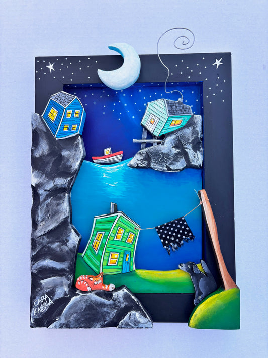 When he got back from fishing, Pop would take Old Buddy's blanket in off the line and they'd all go in to Nan. Fish'n' Brewis for Pop, some cold stew for Buddy and a drop of tinned milk for the wee marmalade cat.