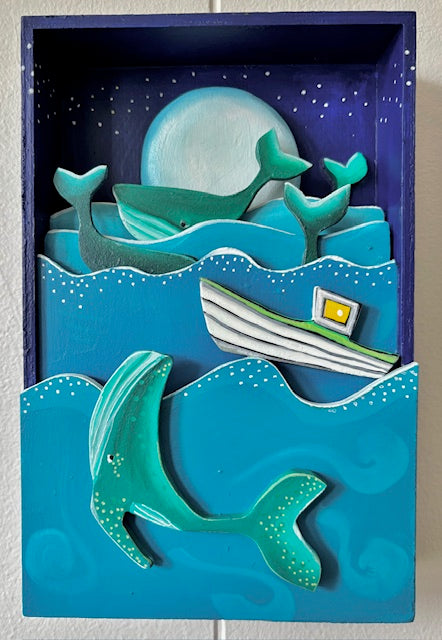 For so many years, by the light of the moon, Pop would take Nan out to watch the whales swoon. She'd laugh and she'd clap while they jumped towards the sky and Pop would watch Nan, with a tear in his eye