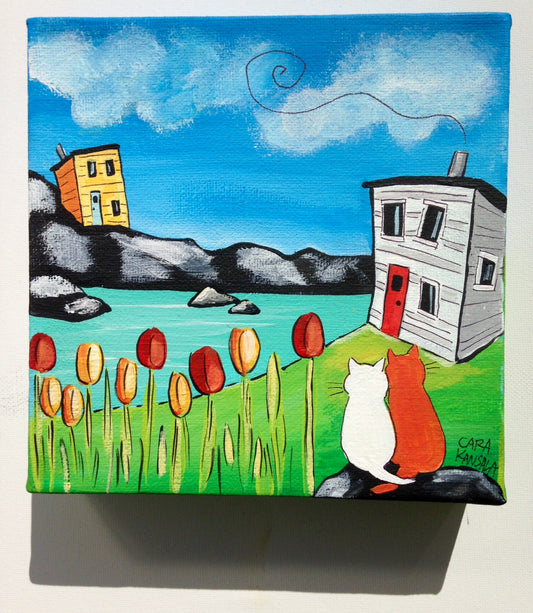 (SOLD) Salty and the Marmalade Cat Agreed to meet by Nan's Tulips for Their Monday Afternoon Nap