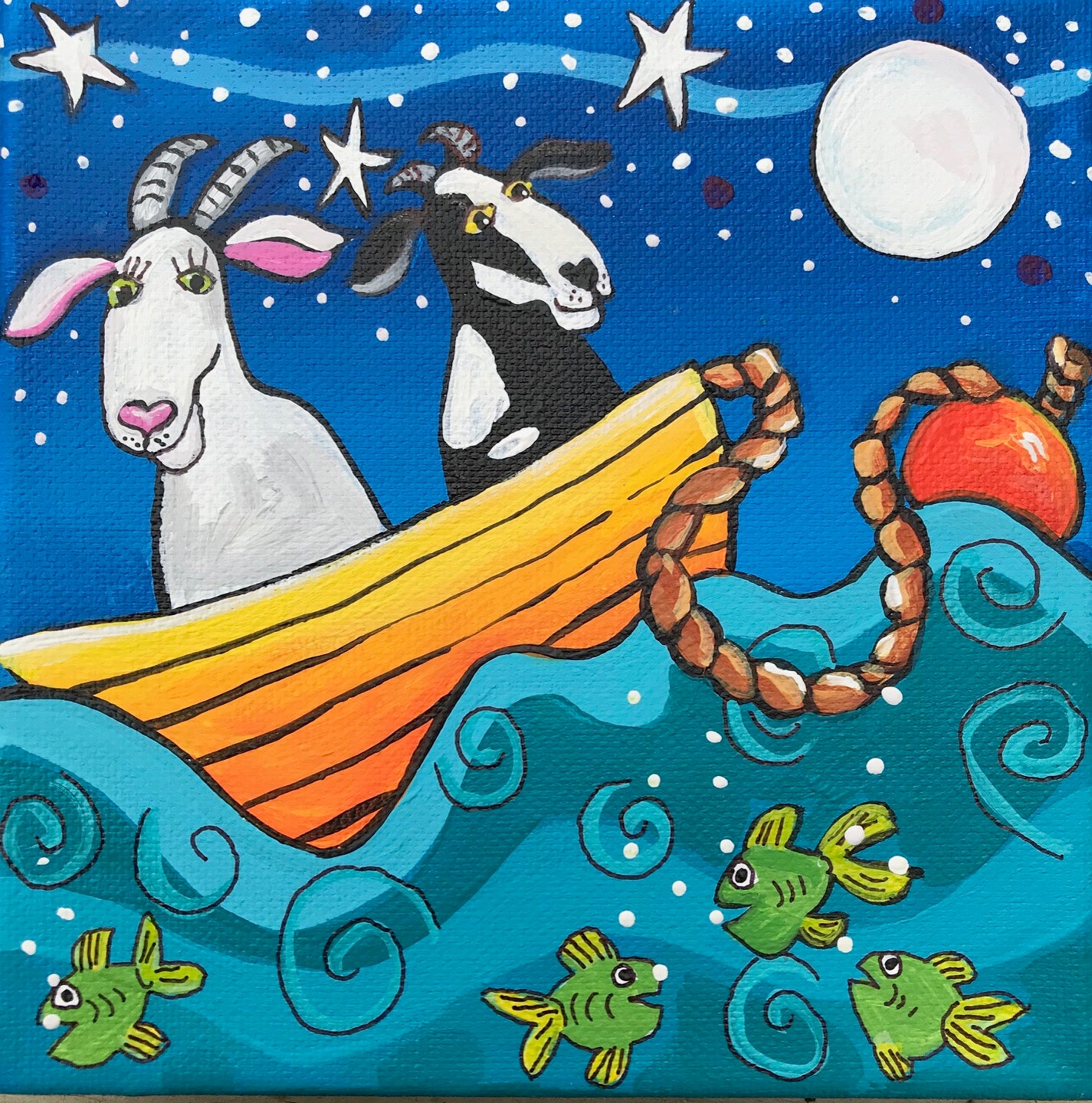(SOLD) We'll Drift and We'll Float in Our Old Goaty Boat and We'll Wish Upon Stars in the Sky, We'll Sing and We'll Sway as the Fishy Fish Play, Together, Old Goat You and I