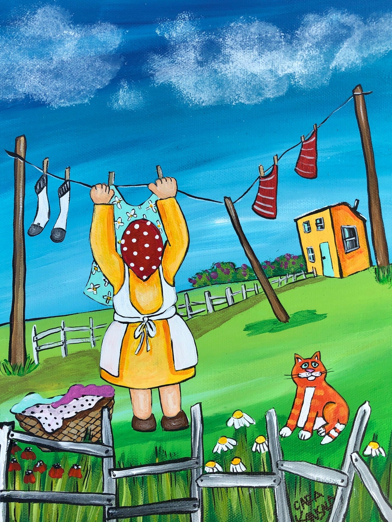 (SOLD) It was a fine day for laundry, so Nan hung the line and the Marmalade Cat came for a visit and they made sure to keep at least two arm lengths apart.