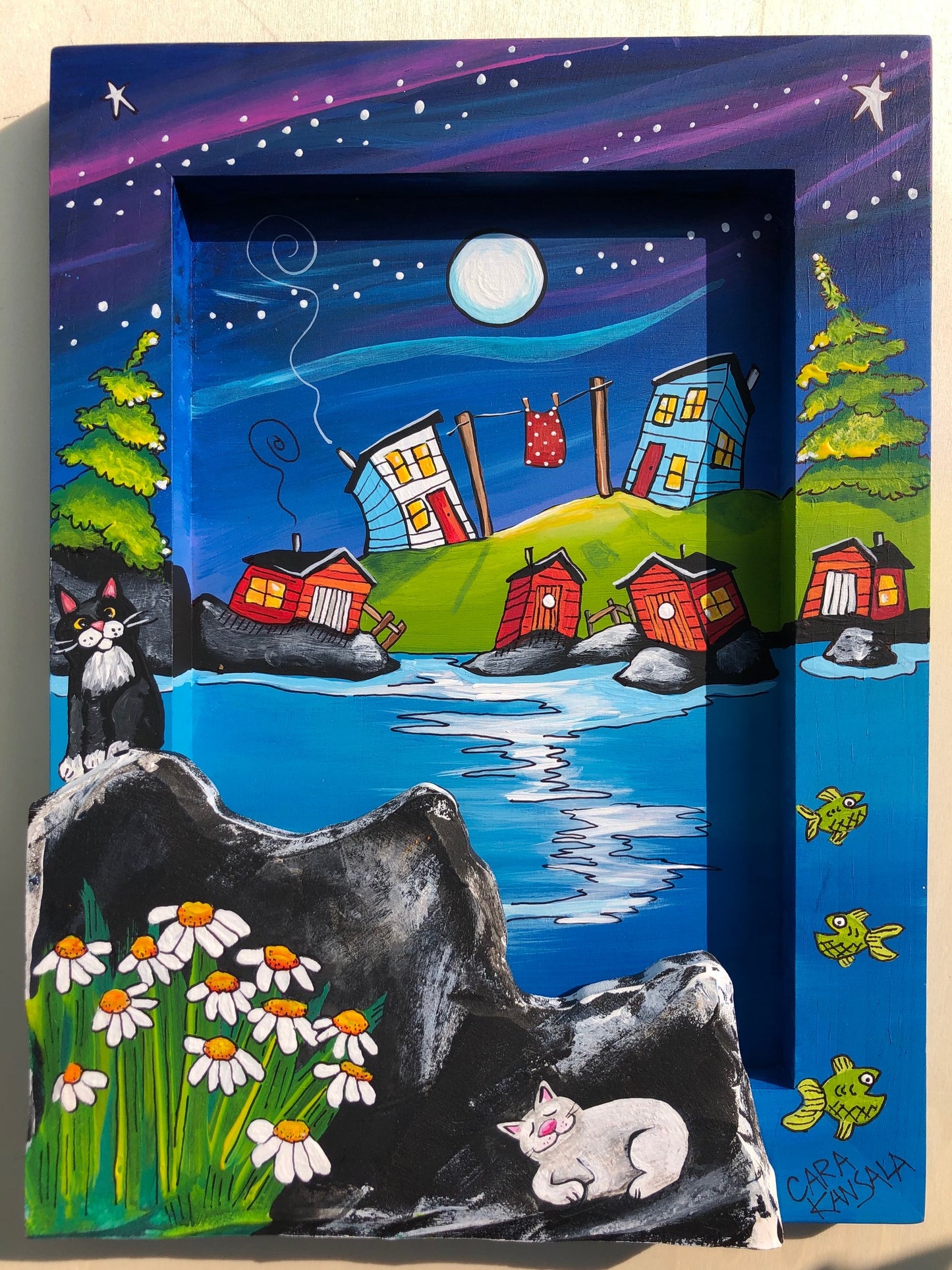 (SOLD) On a Quiet Night, While the Fish Swan By, The Cat on the Hill Sang Lullaby's, The Chimney Puffed Smoke While the Stars Twinkled High and the Red Quilt Stayed Out = Nan Hoped It Would Dry